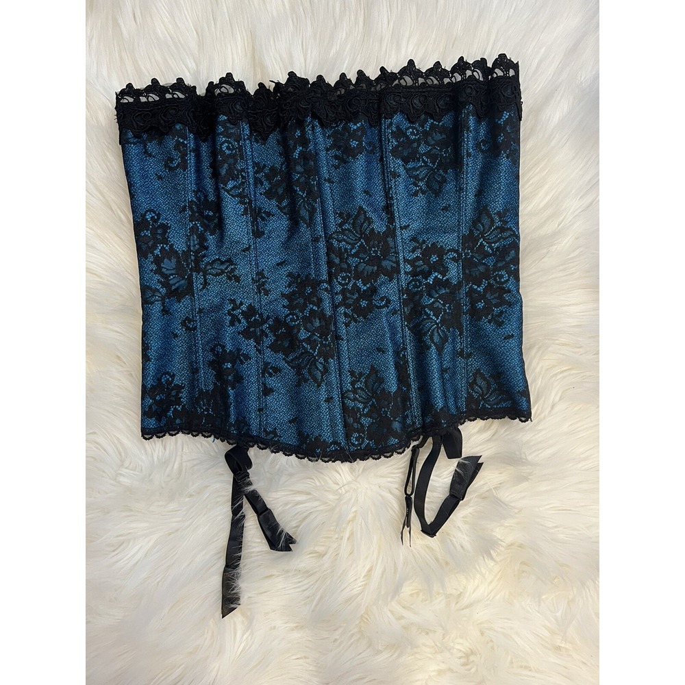 Fredericks of Hollywood Blue Floral Lace Up Corset Top Garters M/l 38 Black